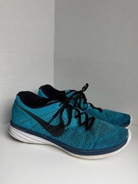 Nike Flyknit Lunar 3 698181-401 Blue White Running Shoes Lace Up Mens Size 12